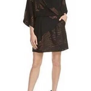 Halston Heritage Black & Bronze Leaf Print Drape Wrap Kimono Mini Dress - Size 8